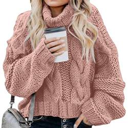 shownicer Damen Rollkragen Pullover Twistpullover Warm Casual Strickpullover Oversized Loose Sweatshirt Pullover Strick Sweater Herbst Winter Für Frauen A Rosa XL von shownicer