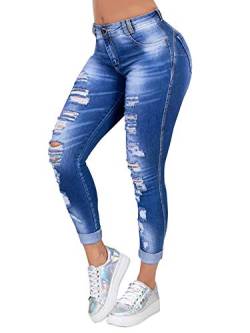 shownicer Damen Skinny High Waist Jeans Stretch Jeanshose Löcher Röhrenjeans Frauen Risse Ripped Lang Denim Hose Destroyed Jeggings A Blau M von shownicer