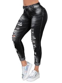 shownicer Damen Skinny High Waist Jeans Stretch Jeanshose Löcher Röhrenjeans Frauen Risse Ripped Lang Denim Hose Destroyed Jeggings A Schwarz 3XL von shownicer