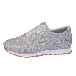 shownicer Damen Sneaker Pailletten Glitzer Flach Schuhe Freizeit Atmungsaktiv Walkingschuhe Turnschuhe Outdoor Fitness Jogging Sportschuhe mit Klettverschluss A Silber 40 EU von shownicer