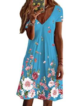 shownicer Damen Sommer Freizeit Blumenmuster Boho V-Ausschnitt Strandkleid Z2 Hellblau L von shownicer