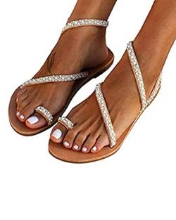 shownicer Damen Sommer Sandalen mit Strass Perlen Boho Strand Schuhe Freizeit Flach Sandalette Z1 Weiß 41 EU von shownicer