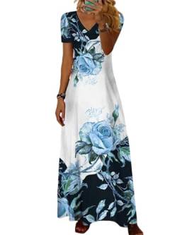 shownicer Damen Sommerkleid V Ausschnitt Floral Spitze Freizeitkleider Sommer Spitzen Strandkleid Maxi Kleider Boho Lang Lose Elegant Casual A-Linie Kleid Blumenkleid D Blau L von shownicer