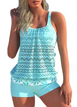 shownicer Damen Spitze Tankini Beachwear Push Up Einfarbig Zweiteilig Badeanzug Zweiteiliger Tankini Set Strand Schwimmanzug Swimsuits Bikini Tank Top und Shorts D Blau XL von shownicer