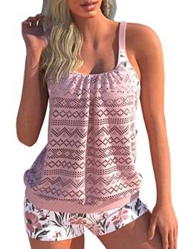 shownicer Damen Spitze Tankini Beachwear Push Up Einfarbig Zweiteilig Badeanzug Zweiteiliger Tankini Set Strand Schwimmanzug Swimsuits Bikini Tank Top und Shorts D Rosa M von shownicer