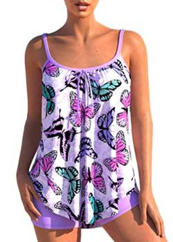 shownicer Damen Spitze Tankini Beachwear Push Up Einfarbig Zweiteilig Badeanzug Zweiteiliger Tankini Set Strand Schwimmanzug Swimsuits Bikini Tank Top und Shorts K Violett M von shownicer