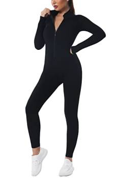 shownicer Damen Sport Jumpsuit Lang Yoga Overall Langarm V-Ausschnitt Playsuits mit Reißverschluss Slim Fit Fitness Jogging Hosenanzug Trainingsanzug Onesie B Schwarz XS von shownicer