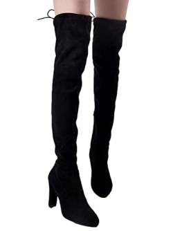 shownicer Damen Stiefel Overknees mit Blockabsatz Wildleder Schuhe ReißVerschluss Winterschuhe High Heels Sohle Hohe Stiefel Boots Schnürschuhe Schwarz 36 EU von shownicer