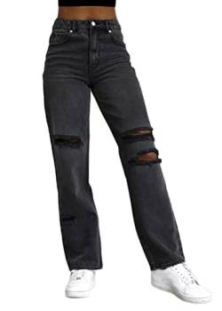 shownicer Damen Straight Jeans Löchern Baggy Boyfriend Jeanshose Hoher Bund Teenager Mädchen Lässig Denim Hosen Weich Pants Freizeithose A Schwarz XL von shownicer