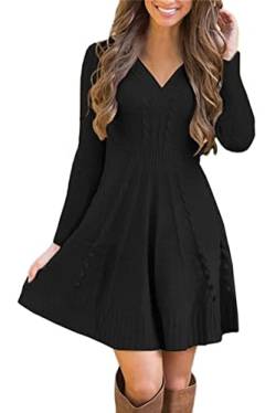 shownicer Damen Strickkleid Elegante A-Linie Kleid Pulloverkleid Winterkleider Zopfmuster V-Ausschnitt Minikleid Strickpullover für Party Cocktail Freizeit A Schwarz L von shownicer