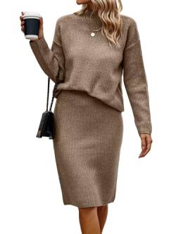 shownicer Damen Strickkleid Set Zweiteiliger Anzug Pullover Oberteil und Midi Strickrock Bodycon 2 Stück Set Maxikleid Rollkragen Pulloverkleid Winter Strick Kleid C Khaki S von shownicer