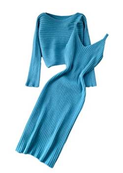 shownicer Damen Strickkleid Zweiteiliger Anzug Pullover Oberteil und Kleid Bodycon 2 Stück Set Sweater Midikleid Pullikleid Gestrickt Kleid Set A Blau Einheitsgröße von shownicer