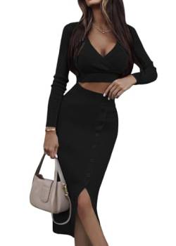 shownicer Damen Strickkleid Zweiteiliger Anzug Pullover Oberteil und Kleid Bodycon 2 Stück Set Sweater Midikleid Pullikleid Gestrickt Kleid Set mit Schlitz Freizeitkleid Sexy Winterkleid A Schwarz L von shownicer