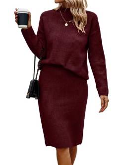 shownicer Damen Strickkleid Zweiteiliger Anzug Pullover Oberteil und Midi Strickrock Bodycon 2 Stück Set Maxikleid Rollkragen Pulloverkleid Winter Strick Kleid C Weinrot M von shownicer