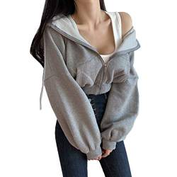 shownicer Damen Sweatjacke Teenager Mädchen Kapuzenpullover Langarm Kurz Hoodie Sweatshirt Crop Pullover Tops Kapuzenjacke mit Zip B Grau XS von shownicer