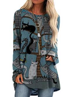 shownicer Damen Sweatshirt Tunika Top Langarm Oberteile Cartoon Druck 3D Katzen-Muster Rundhals Langarmshirt Lose Bluse T-Shirt D Blau XXL von shownicer