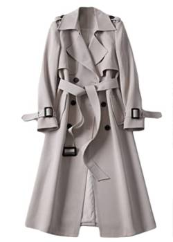 shownicer Damen Trenchcoat Elegant Mode Jacke Cardigan Zweireiher Langer Mantel Winddichter Wintermantel Windjacke Übergangsmantel mit Taschen Einfarbig Revers Damenmantel mit Knöpfen A Beige XL von shownicer