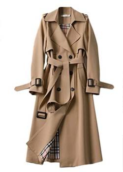 shownicer Damen Trenchcoat Elegant Mode Jacke Cardigan Zweireiher Langer Mantel Winddichter Wintermantel Windjacke Übergangsmantel mit Taschen Einfarbig Revers Damenmantel mit Knöpfen A Khaki L von shownicer