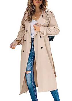 shownicer Damen Trenchcoat Elegant Mode Jacke Cardigan Zweireiher Langer Mantel Winddichter Wintermantel Windjacke Übergangsmantel mit Taschen Einfarbig Revers Damenmantel mit Knöpfen B Khaki XXL von shownicer