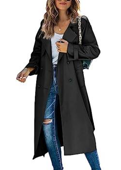 shownicer Damen Trenchcoat Elegant Mode Jacke Cardigan Zweireiher Langer Mantel Winddichter Wintermantel Windjacke Übergangsmantel mit Taschen Einfarbig Revers Damenmantel mit Knöpfen B Schwarz S von shownicer