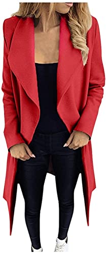 shownicer Damen Trenchcoat Langarm Elegante Schlanke Knöpfe Langer Mantel Oberbekleidung Winddichter Herbst Jacke Parka mit Reverskragen A Rot 3XL von shownicer