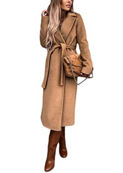 shownicer Damen Trenchcoat Langer Mantel Jacke Winddichter Wintercoat mit Gürtel Rever Mantel Elegant Herbst Winter Vintage Warme Wintermantel Outwear Lang Park a Jacke Windbreaker A Khaki XL von shownicer