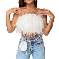 shownicer Damen Tube Top Oberteil mit Federn Sexy Reißverschluss Bandeau Ärmellos Crop Top Elegant Festliche Oberteile Hochzeit Party Club Outfit Weste A Weiß M von shownicer