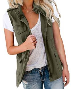 shownicer Damen Übergangsjacke Sommer Weste Stehkragen Mehr Taschen Utility Jacket Leicht Sommerjacke Boyfriend Parka Reißverschluss Ärmellose Jacke A Armeegrün XL von shownicer