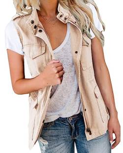 shownicer Damen Übergangsjacke Sommer Weste Stehkragen Mehr Taschen Utility Jacket Leicht Sommerjacke Boyfriend Parka Reißverschluss Ärmellose Jacke A Beige S von shownicer