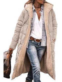 shownicer Damen Warm Wintermäntel Reversibel Fleece Lang Pufferjacken mit Kapuze Frauen Oberbekleidung Outdoorjacke Steppjacke Steppmantel A Helles Khaki L von shownicer