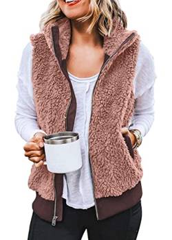 shownicer Damen Weste Casual Einfarbig Teddy Fleece Westen mit Taschen Warm Softshell Ärmellos Herbst Mantel Leicht Jacken mit Reissverschluss A Rosa M von shownicer