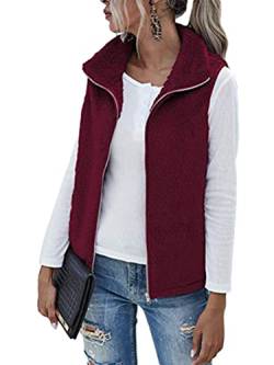 shownicer Damen Weste Casual Einfarbig Teddy Fleece Westen mit Taschen Warm Softshell Ärmellos Herbst Mantel Leicht Jacken mit Reissverschluss B Rot M von shownicer