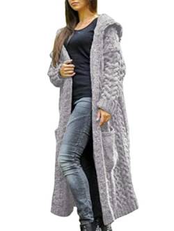 shownicer Damen Winter Elegante Gestrickte Strickjacke Outwear Lange Verdicken Cardigan Strickmantel mit Kapuzen Winterjacke Pullover Pulli Offener Ausschnitt Grau L von shownicer