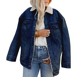 shownicer Damen Winter Jeansjacke Gefütterte Denim Jacket Mädchen Warme Plüsch Mantel Oversize Winterjacke Große Größen Parka Fleece Jacke Denimmantel Revers Oberbekleidung Dunkelblau XXL von shownicer