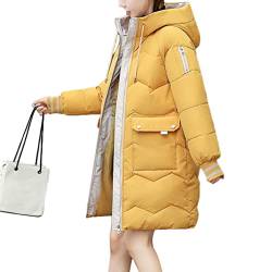 shownicer Damen Winter Parka Lang Warm Steppmantel Daunenjacke mit Kapuze Loose Fit Reißverschluss Damenmantel Steppjacke Outdoor Leichte Wintermantel Softshelljacke mit Taschen Gelb L von shownicer