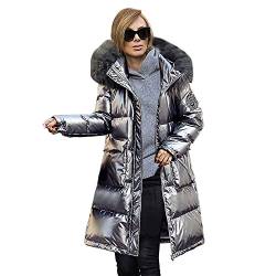 shownicer Damen Winter Parka Lang Warm Steppmantel Daunenjacke mit Kunstfell Kapuze Slim Fit Reißverschluss Damenmantel Steppjacke Outdoor Leichte Daunenjacke Softshelljacke mit Taschen Grau S von shownicer