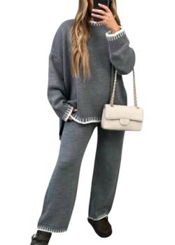 shownicer Damen Zweiteiler 2 Teiler Set Zweiteiler Outfit Set Freizeitanzug Strickpullover + Freizeithose Loungewear Set Casual Strickanzug Herbst Winter A Grau S von shownicer