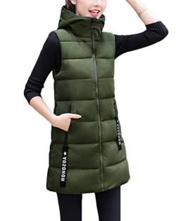 shownicer Daunenweste Damen Lang Wintermantel Vest mit Kapuze Ärmellose Warmer Daunenmantel mit Taschen Steppweste Daunenjacke Steppjacke Outdoor Weste C Grün XS von shownicer