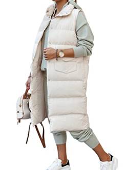 shownicer Daunenweste Damen Lang Wintermantel Vest mit Kapuze Ärmellose Warmer Daunenmantel mit Taschen Steppweste Daunenjacke Steppjacke Outdoor Weste F Weiß XS von shownicer