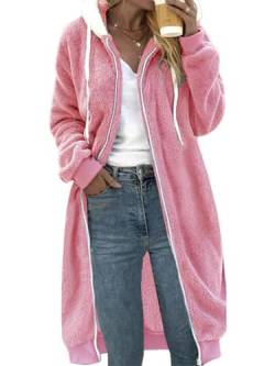 shownicer Fleecejacke Damen Winterjacke Lang Fleecemantel Warm Teddyfleece Jacke Mantel mit Kapuze Lange Plüschjacke Teddymantel Kuscheljacke Oversize A Rosa 3XL von shownicer