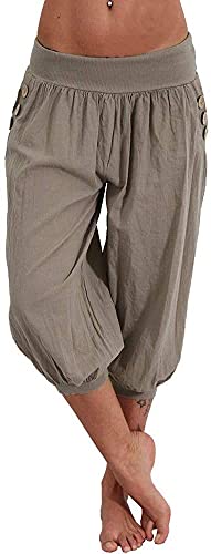 shownicer Haremshose Damen Kurz Pumphose 3/4 Baggy Hose Leichte Sommerhose Pluderhose Lässige Stoffhose Weite Aladinhose Freizeithose Yogahose Strandhose mit Taschen A Grau XXL von shownicer