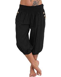 shownicer Haremshose Damen Kurz Pumphose 3/4 Baggy Hose Leichte Sommerhose Pluderhose Lässige Stoffhose Weite Aladinhose Freizeithose Yogahose Strandhose mit Taschen A Schwarz XL von shownicer