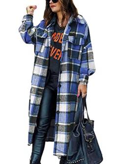 shownicer Hemdjacke Damen Kariertes Taschen Knöpfen Langarm Oversize Bluse Mantel Lange Jacke Karohemd Holzfällerjacke Mode Boyfriend Jacken Z4 Blau XL von shownicer