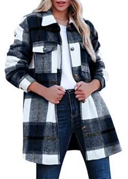 shownicer Hemdjacke Damen Kariertes Taschen Knöpfen Langarm Oversize Bluse Mantel Lange Jacke Karohemd Holzfällerjacke Mode Boyfriend Jacken Z8 Marine M von shownicer