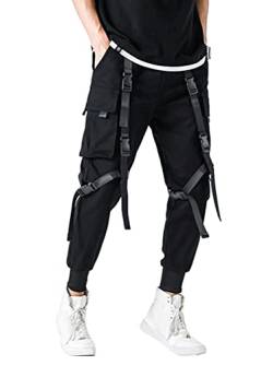 shownicer Herren Cargohose Arbeit Kampf Techwear Hose mit Taschen Schnalle Riemen Hip Hop Jogger Baggy Tapered Hosen Streetwear Sweatpants M Schwarz L von shownicer