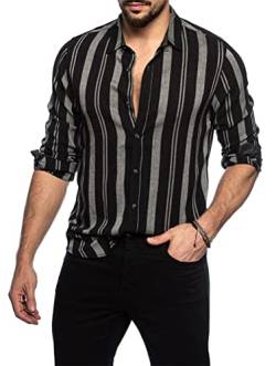 shownicer Herren Hemd Langarm Sommer Gestreifte Freizeithemden Casual mit Knöpfen Regular Fit Businesshemd Männer Button Down Slim Fit Shirts I Grau L von shownicer