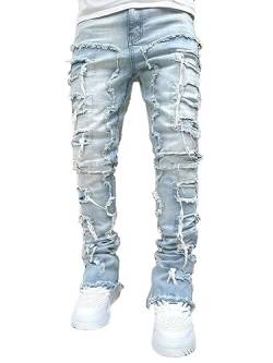 shownicer Herren Hip Hop Jeans Baggy Straight Leg Gewaschen Jeanshose Casual Denim Hosen Vintage Destroyed Stretch Jeans Teenager Jungen Skateboard Hose Streetwear A Hellblau L von shownicer