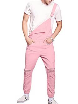 shownicer Herren Jeans Latzhose Lange Jeanshose Retro Denim Bib Overall Skinny Fit Stone-Washed Streetwear Zerreißen Arbeitshosen Jumpsuit H Rosa L von shownicer