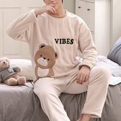 shownicer Herren Pyjama Set Winter Zweiteiliger Männer Fleece Schlafanzug Warm Sleepwear Flannel Hose und Tops Langarm Nachtwäsche X12 Braun XL von shownicer