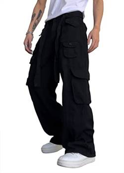 shownicer Herren Straight Wide Leg Loose Casual Cargo Hose Hip Hop Cargohosen Regular Hipster Style Baggy Rap mit Taschen Jogginghose Vintage Sporthose für Männer Streetwear A Schwarz 3XL von shownicer